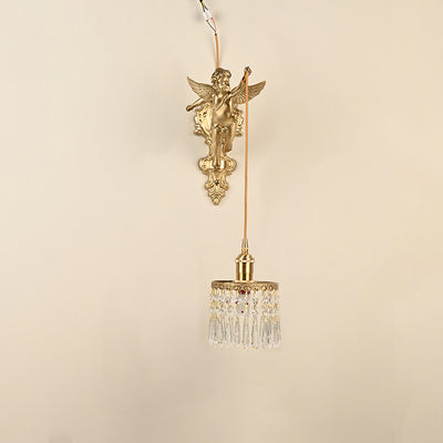 Contemporary Luxury Carved Brass Angel Crystal Round Shade 1-Light Pendant Light For Living Room