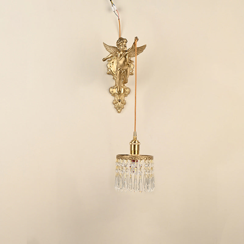 Contemporary Luxury Carved Brass Angel Crystal Round Shade 1-Light Pendant Light For Living Room