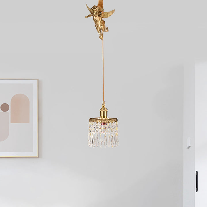 Contemporary Luxury Carved Brass Angel Crystal Round Shade 1-Light Pendant Light For Living Room