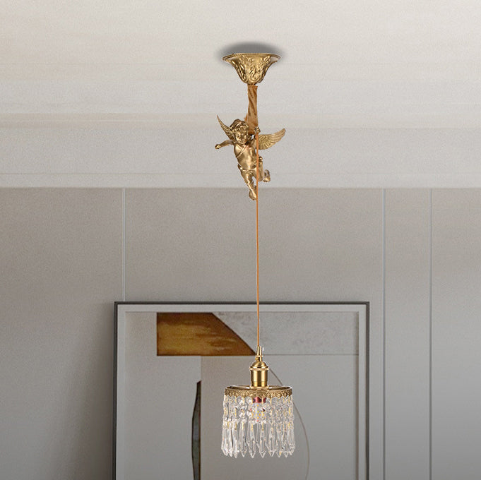 Contemporary Luxury Carved Brass Angel Crystal Round Shade 1-Light Pendant Light For Living Room