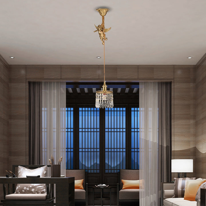 Contemporary Luxury Carved Brass Angel Crystal Round Shade 1-Light Pendant Light For Living Room