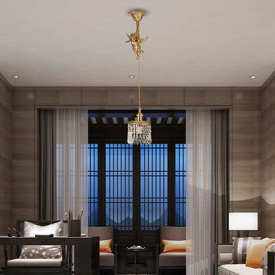 Contemporary Luxury Carved Brass Angel Crystal Round Shade 1-Light Pendant Light For Living Room