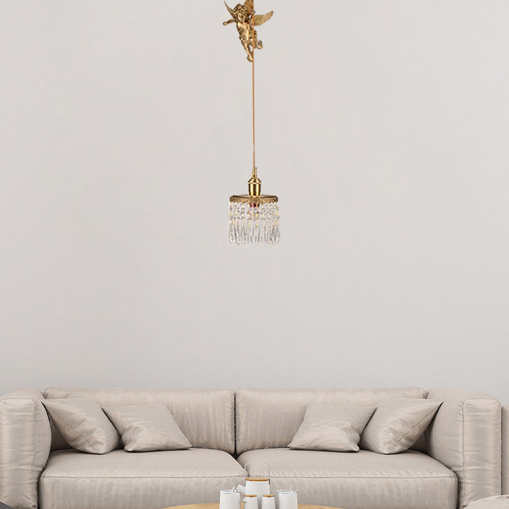Contemporary Luxury Carved Brass Angel Crystal Round Shade 1-Light Pendant Light For Living Room