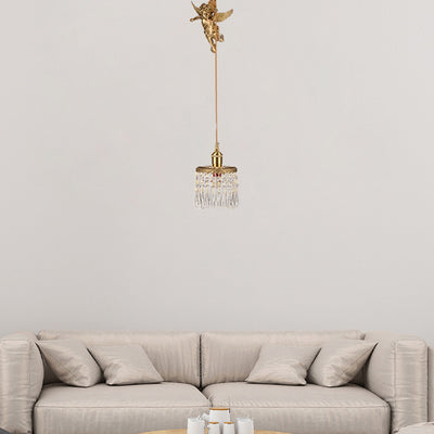 Contemporary Luxury Carved Brass Angel Crystal Round Shade 1-Light Pendant Light For Living Room