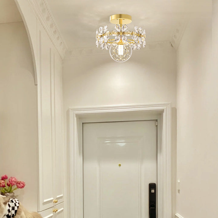 Zeitgenössische Luxus Eisen Kristall Blütenblatt LED Deckenleuchte für das Wohnzimmer 