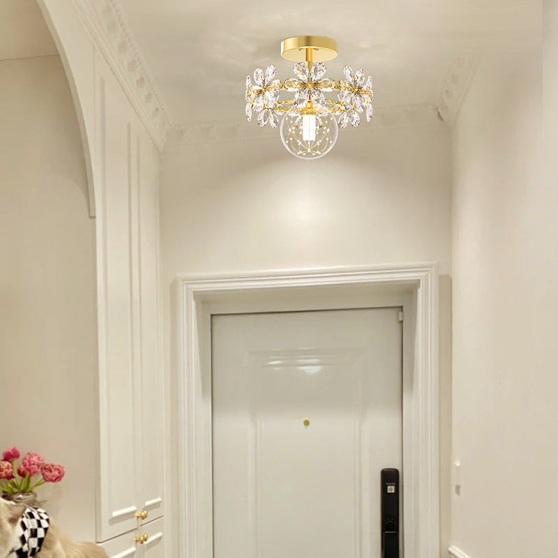 Plafonnier semi-affleurant contemporain en fer de luxe avec cristaux et pétales LED pour salon 