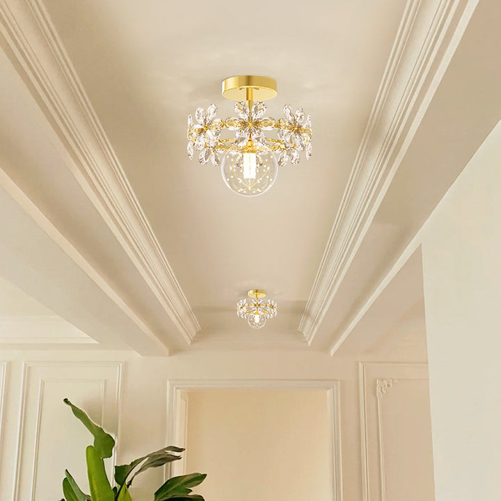 Zeitgenössische Luxus Eisen Kristall Blütenblatt LED Deckenleuchte für das Wohnzimmer 