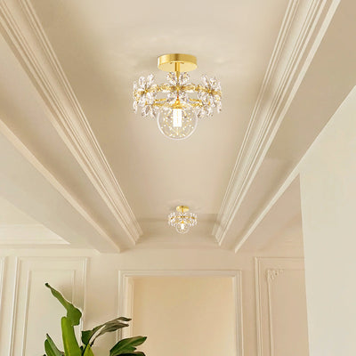 Plafonnier semi-affleurant contemporain en fer de luxe avec cristaux et pétales LED pour salon 
