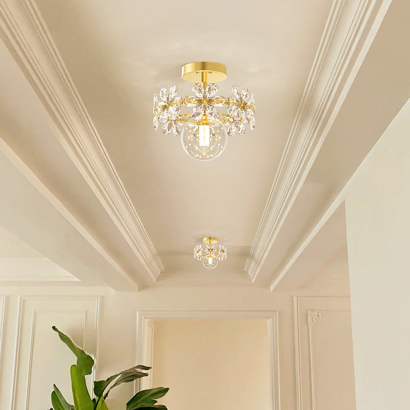 Plafonnier semi-affleurant contemporain en fer de luxe avec cristaux et pétales LED pour salon 