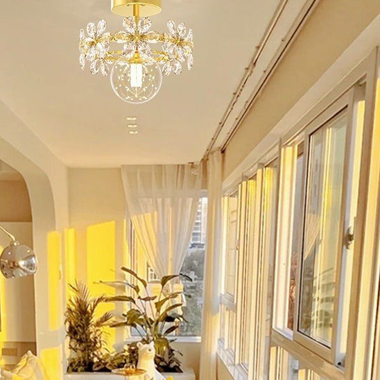 Plafonnier semi-affleurant contemporain en fer de luxe avec cristaux et pétales LED pour salon 