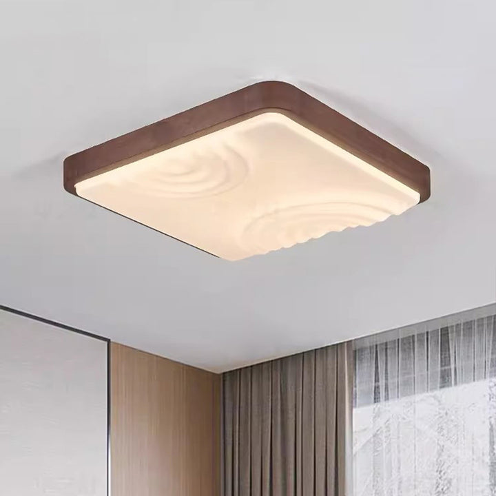 Contemporary Simplicity Walnut Wood Grain Acrylic Square LED Flush Mount Ceiling Light For Bedroom