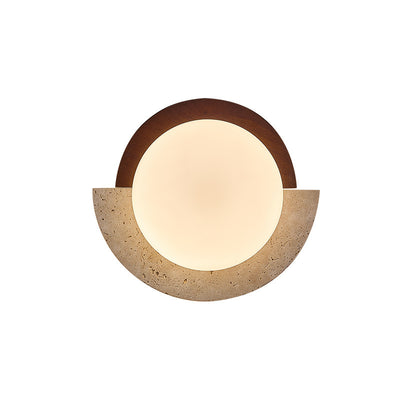 Traditional Japanese Yellow Travertine Solid Wood Geometry Circle LED Wall Sconce Lamp For Bedroom