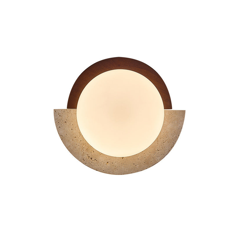 Traditional Japanese Yellow Travertine Solid Wood Geometry Circle LED Wall Sconce Lamp For Bedroom