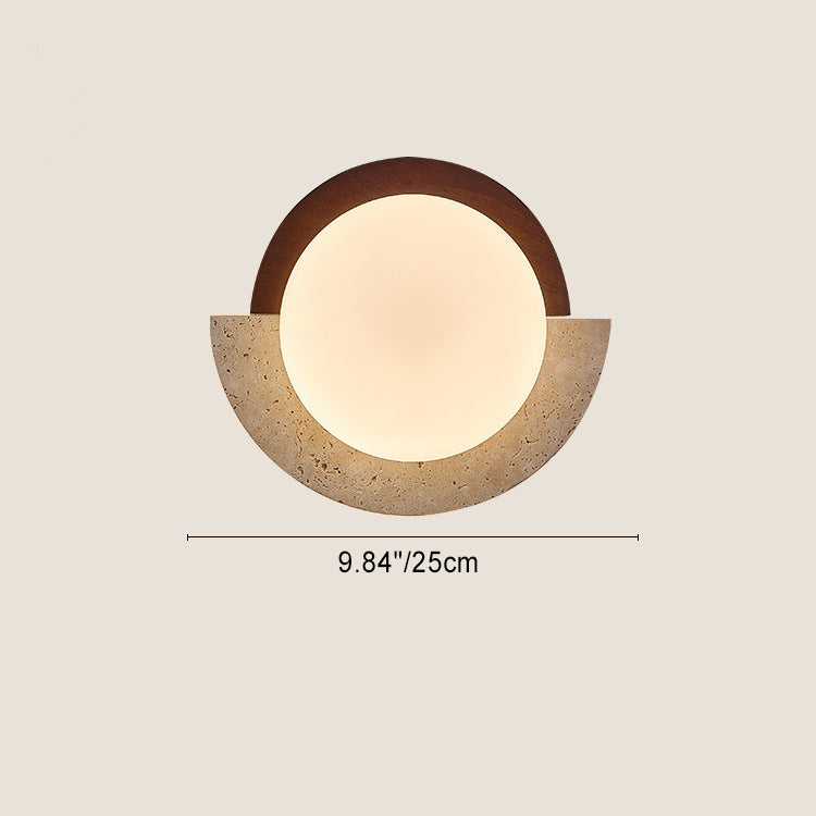 Traditional Japanese Yellow Travertine Solid Wood Geometry Circle LED Wall Sconce Lamp For Bedroom