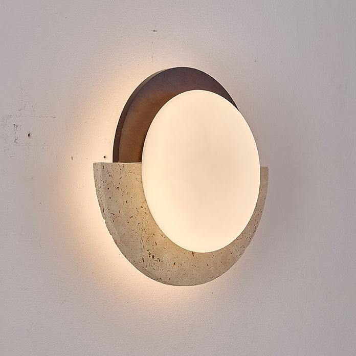 Traditionelle japanische gelbe Travertin-Massivholz-Geometrie-Kreis-LED-Wandleuchte für das Schlafzimmer 