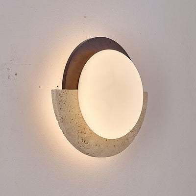 Traditional Japanese Yellow Travertine Solid Wood Geometry Circle LED Wall Sconce Lamp For Bedroom