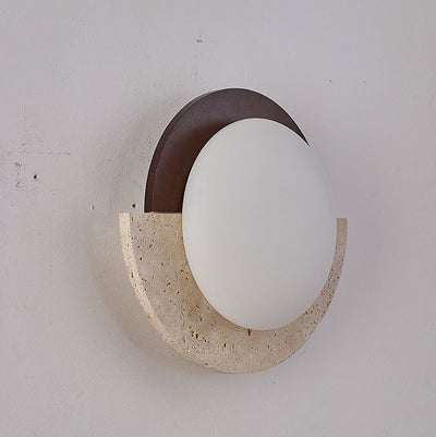 Traditional Japanese Yellow Travertine Solid Wood Geometry Circle LED Wall Sconce Lamp For Bedroom