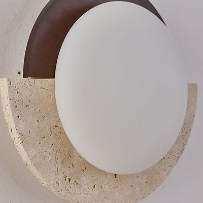 Traditional Japanese Yellow Travertine Solid Wood Geometry Circle LED Wall Sconce Lamp For Bedroom