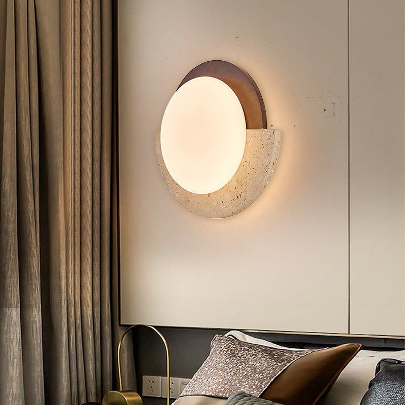 Traditionelle japanische gelbe Travertin-Massivholz-Geometrie-Kreis-LED-Wandleuchte für das Schlafzimmer 