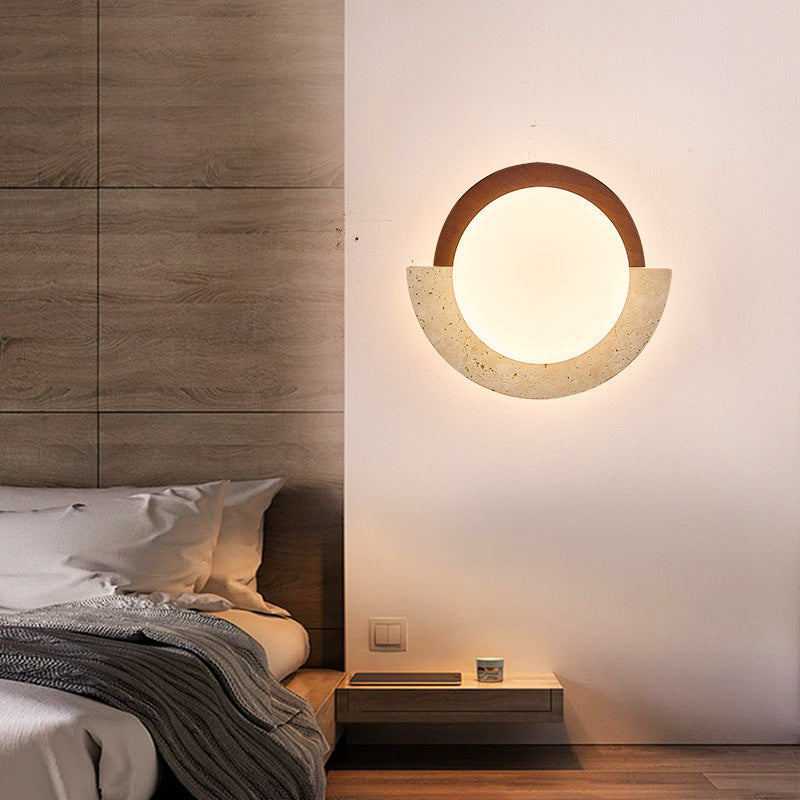 Traditionelle japanische gelbe Travertin-Massivholz-Geometrie-Kreis-LED-Wandleuchte für das Schlafzimmer 