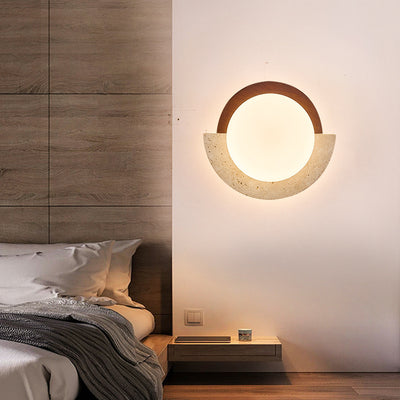 Traditional Japanese Yellow Travertine Solid Wood Geometry Circle LED Wall Sconce Lamp For Bedroom