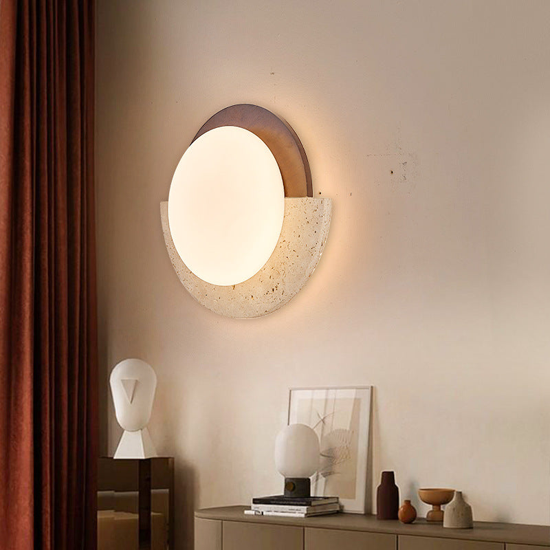 Traditionelle japanische gelbe Travertin-Massivholz-Geometrie-Kreis-LED-Wandleuchte für das Schlafzimmer 