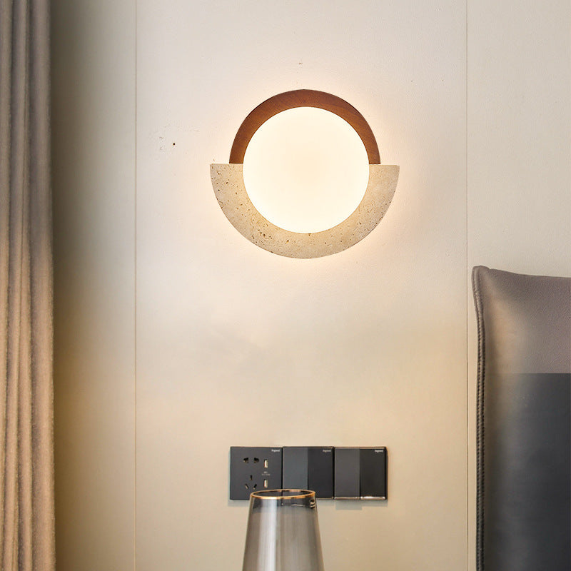 Traditional Japanese Yellow Travertine Solid Wood Geometry Circle LED Wall Sconce Lamp For Bedroom