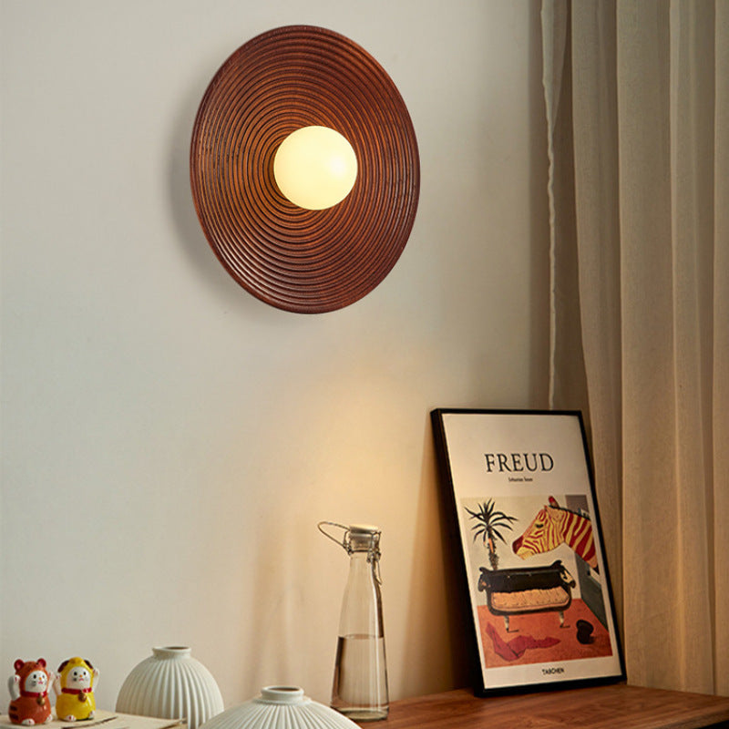 Traditional Japanese Geometric Circular Vortex Solid Wood Glass 1-Light Wall Sconce Lamp For Living Room