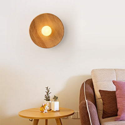 Traditional Japanese Geometric Circular Vortex Solid Wood Glass 1-Light Wall Sconce Lamp For Living Room