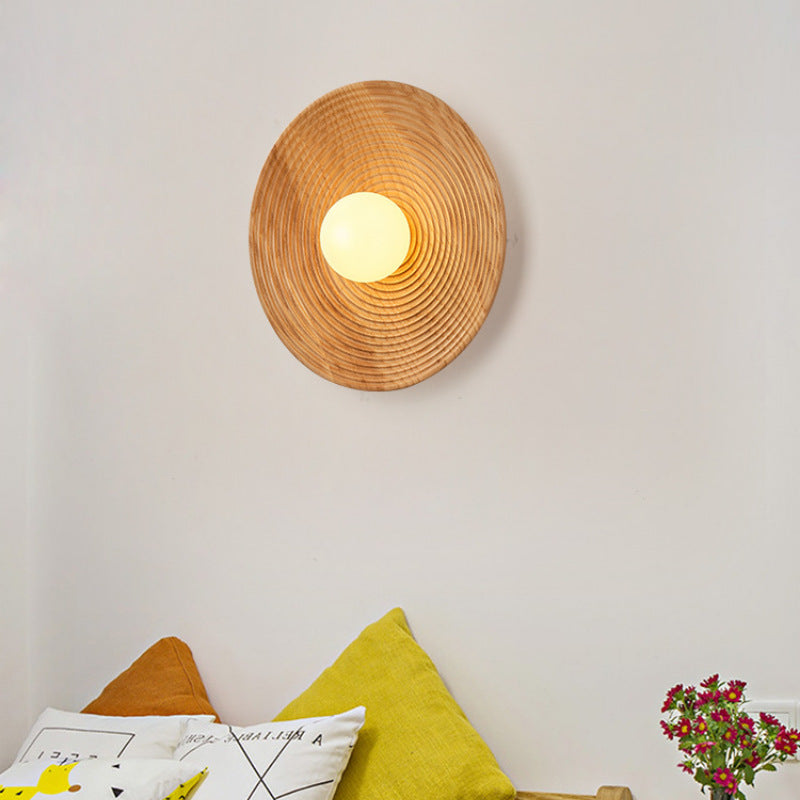 Traditional Japanese Geometric Circular Vortex Solid Wood Glass 1-Light Wall Sconce Lamp For Living Room