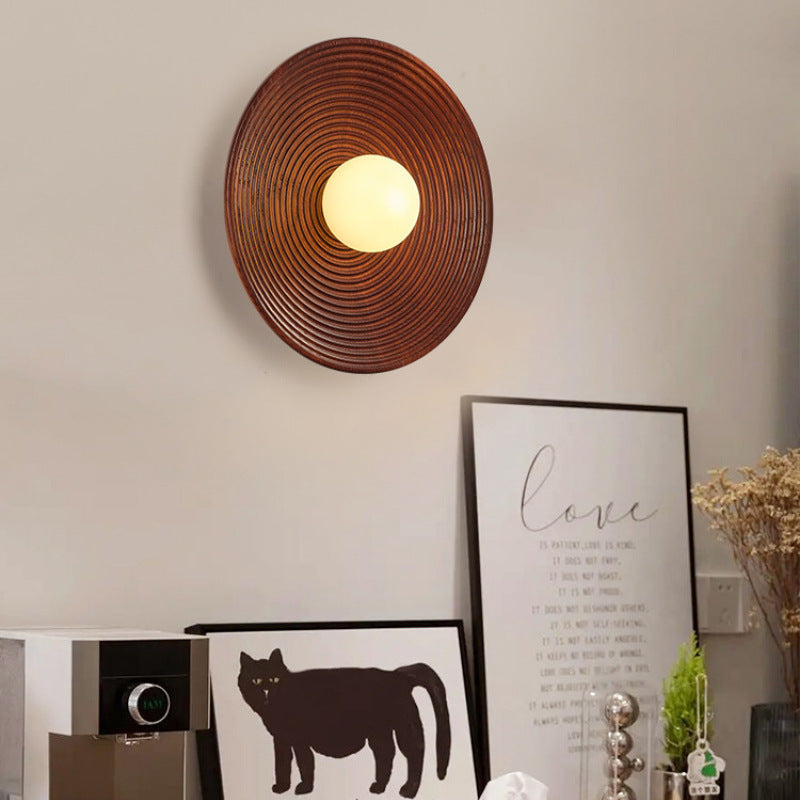 Traditional Japanese Geometric Circular Vortex Solid Wood Glass 1-Light Wall Sconce Lamp For Living Room