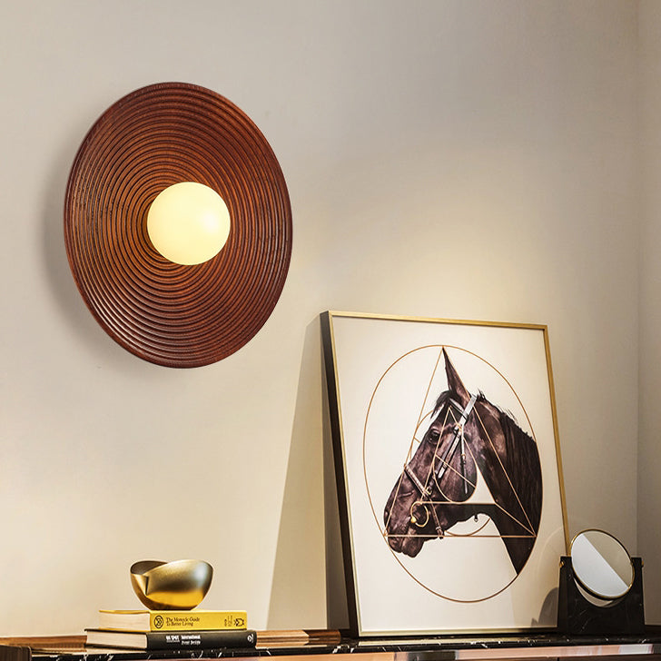 Traditional Japanese Geometric Circular Vortex Solid Wood Glass 1-Light Wall Sconce Lamp For Living Room