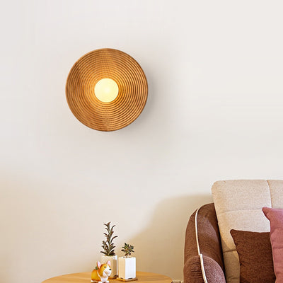 Traditional Japanese Geometric Circular Vortex Solid Wood Glass 1-Light Wall Sconce Lamp For Living Room