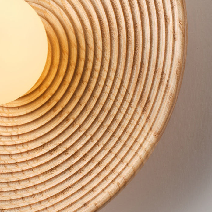 Traditional Japanese Geometric Circular Vortex Solid Wood Glass 1-Light Wall Sconce Lamp For Living Room