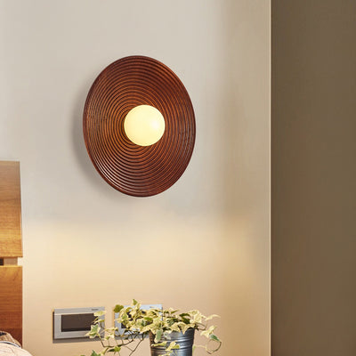 Traditional Japanese Geometric Circular Vortex Solid Wood Glass 1-Light Wall Sconce Lamp For Living Room