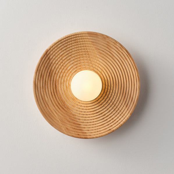 Traditional Japanese Geometric Circular Vortex Solid Wood Glass 1-Light Wall Sconce Lamp For Living Room