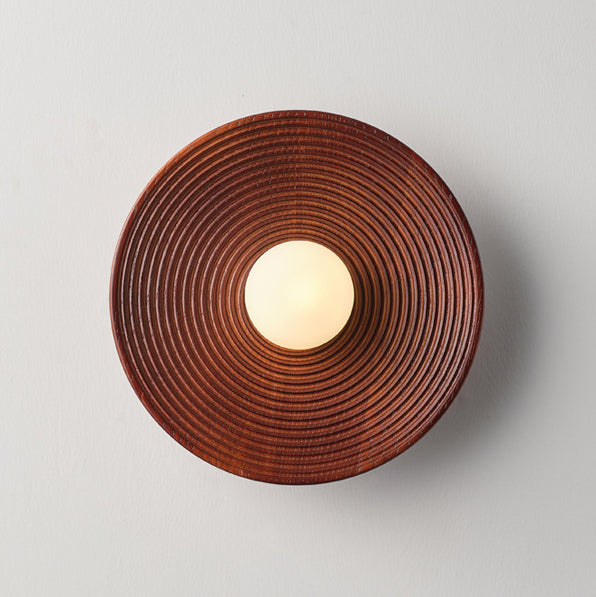 Traditional Japanese Geometric Circular Vortex Solid Wood Glass 1-Light Wall Sconce Lamp For Living Room