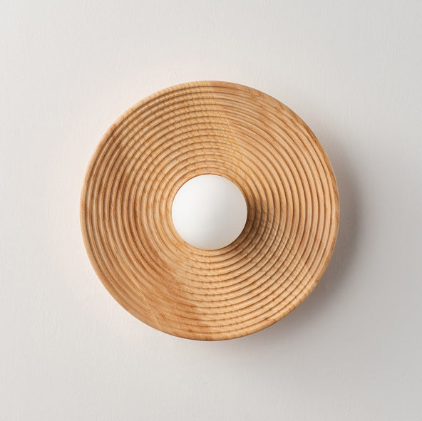 Traditional Japanese Geometric Circular Vortex Solid Wood Glass 1-Light Wall Sconce Lamp For Living Room