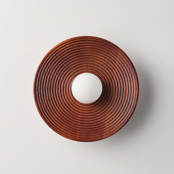 Traditional Japanese Geometric Circular Vortex Solid Wood Glass 1-Light Wall Sconce Lamp For Living Room