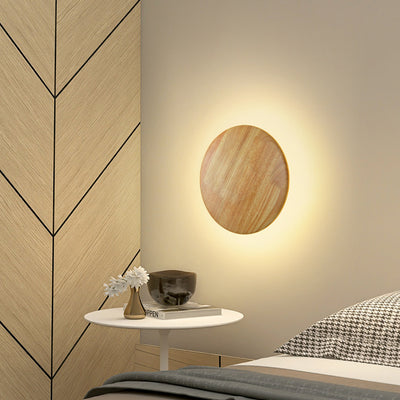 Traditional Japanese Geometry Circle Wood Grain Iron LED Wall Sconce Lamp For Bedroom