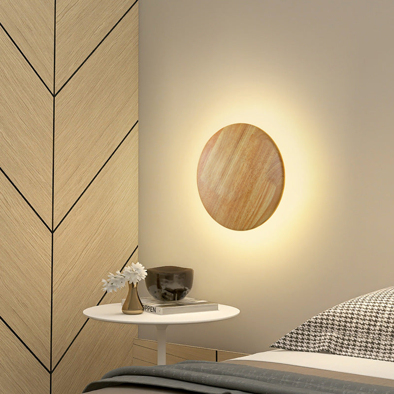 Traditional Japanese Geometry Circle Wood Grain Iron LED Wall Sconce Lamp For Bedroom