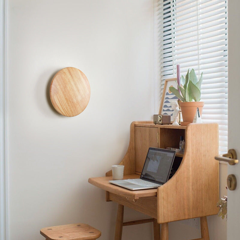 Traditional Japanese Geometry Circle Wood Grain Iron LED Wall Sconce Lamp For Bedroom