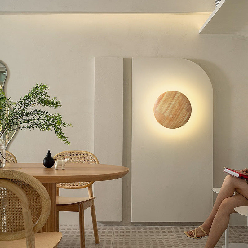 Traditional Japanese Geometry Circle Wood Grain Iron LED Wall Sconce Lamp For Bedroom