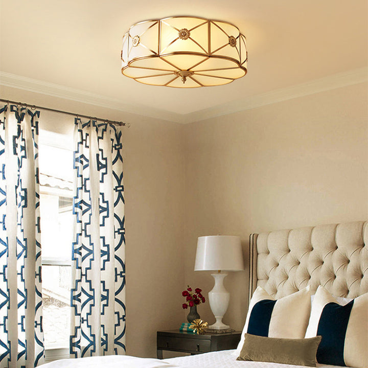 Zeitgenössische Luxus Kupfer Glas Zylinder 4-Licht Deckenleuchte für Schlafzimmer 
