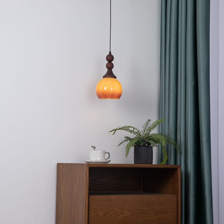 Traditional Vintage Glass Spherical Shade Solid Wood 1-Light Pendant Light For Living Room