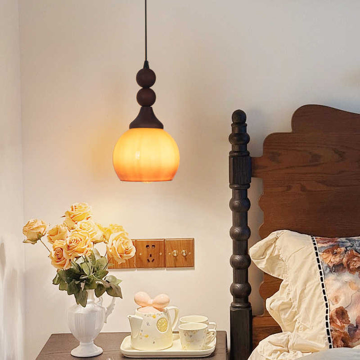 Traditional Vintage Glass Spherical Shade Solid Wood 1-Light Pendant Light For Living Room
