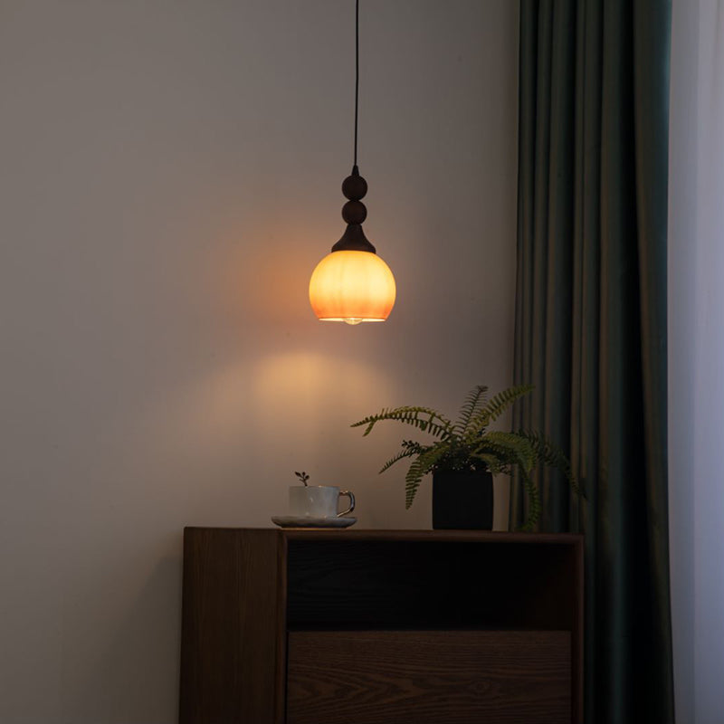Traditional Vintage Glass Spherical Shade Solid Wood 1-Light Pendant Light For Living Room