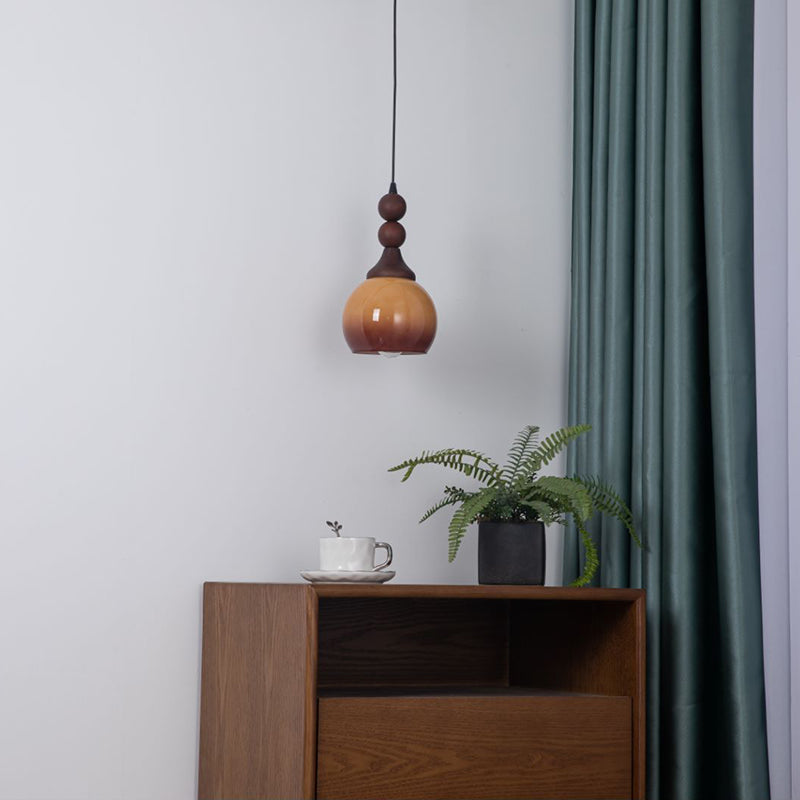 Traditional Vintage Glass Spherical Shade Solid Wood 1-Light Pendant Light For Living Room