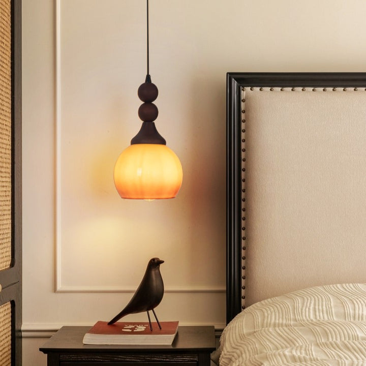 Traditional Vintage Glass Spherical Shade Solid Wood 1-Light Pendant Light For Living Room