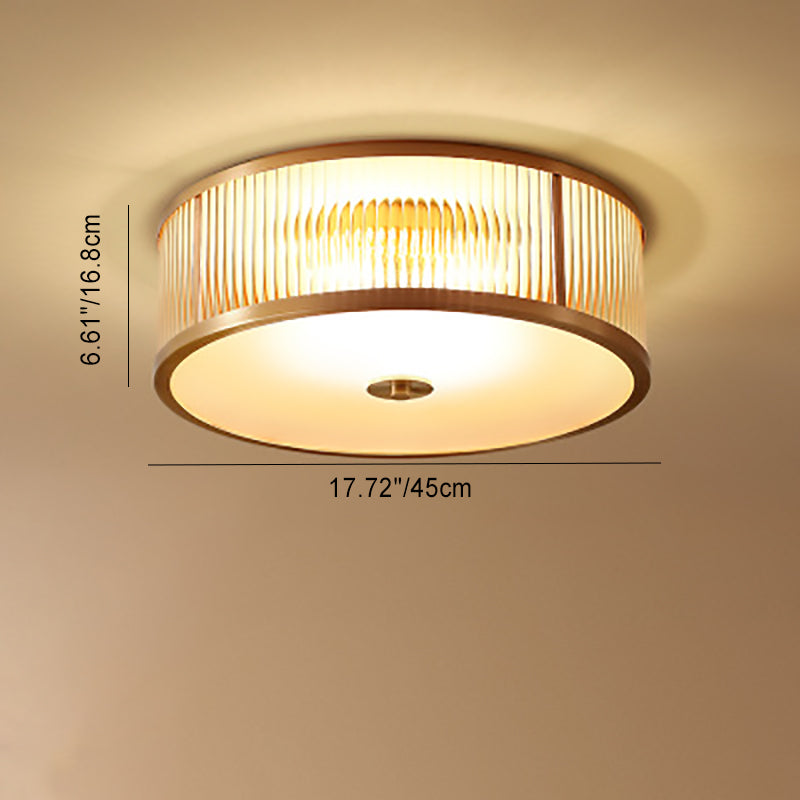 Plafonnier contemporain de luxe avec cadre en laiton, verre dépoli à grain vertical, rond à 4 lumières pour chambre à coucher 
